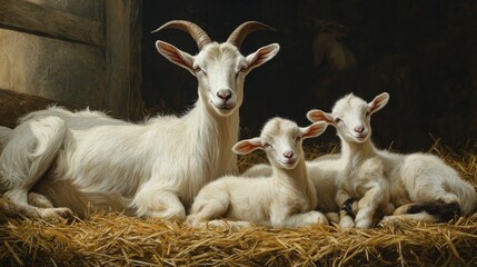 Fototapeta premium A family of goats, including a mother and her kids, resting on a straw-covered ground inside a barn.