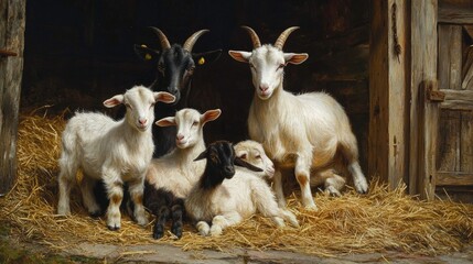 Obraz premium A family of goats, including a mother and her kids, resting on a straw-covered ground inside a barn.