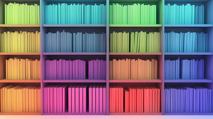 Fototapeta premium Colorful shelf with book. Library bok shelf. Colorful books on a shelf. Bookshelf with books. Colorful bookshelf filled with books of various sizes