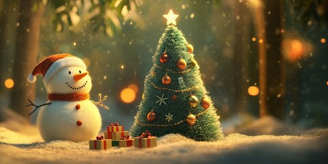 Fototapeta premium Christmas scene a wool snowman standing next to a felt Christmas tree, felt art style with bright holiday colors, christmas card for greeting