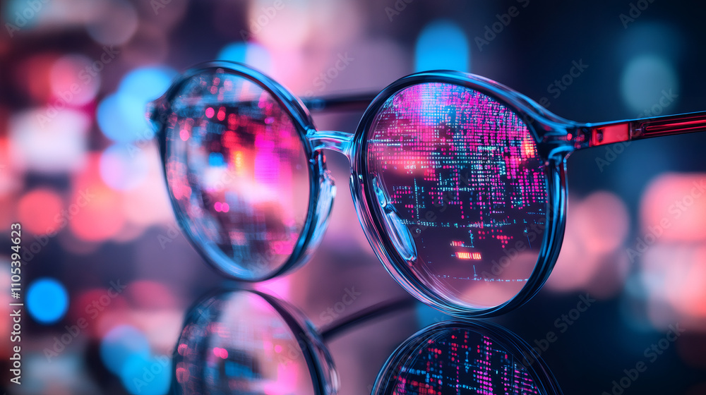 Aufkleber stylish glasses reflecting holographic futuristic data in augmented reality experience on blurred ba