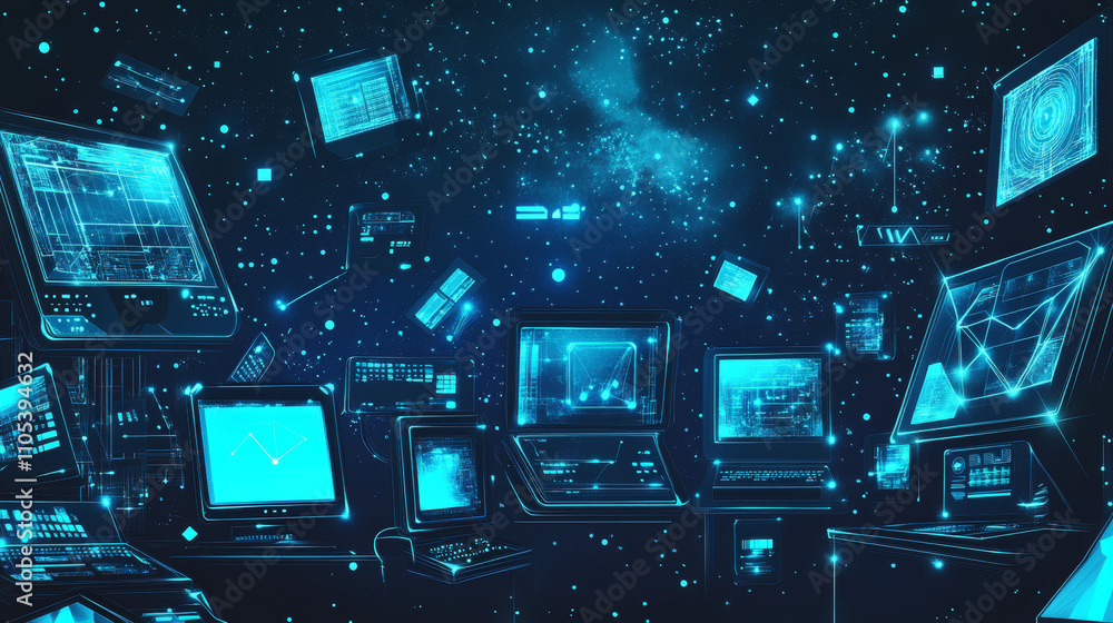 Poster laptop and monitor. computers themes in low-poly wireframe starry sky and cosmos style. technology a