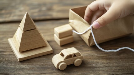 Child's hand playing with wooden blocks and toy car on wooden surface.