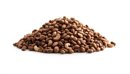 Obraz premium A large pile of roasted cashews sits against a stark white background. The warm brown tones of the nuts stand out, creating a visually appealing image.
