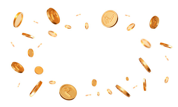 3d realistic flying golden coins of Indian rupees with effect bokeh on white isolated background. Rich or casino luck concept. Precious expensive treasure. Stock vector illustration.