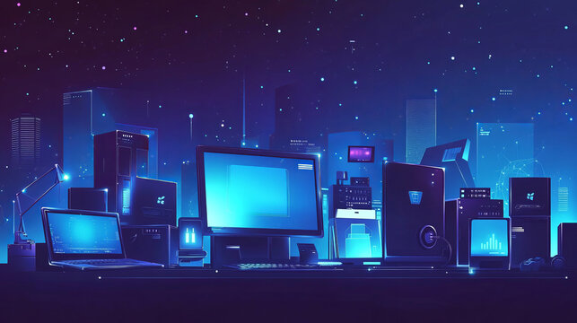 Laptop and Monitor. Computers themes in low-poly wireframe starry sky and cosmos style. Technology and devices concept. Abstract vector computerization theme in blue color. Devices polygonal theme