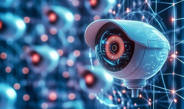 
Surveillance camera transformed into a digital eye overseeing a network of interconnected devices, representing the monitoring and detection of cyber threats, Generative Ai
