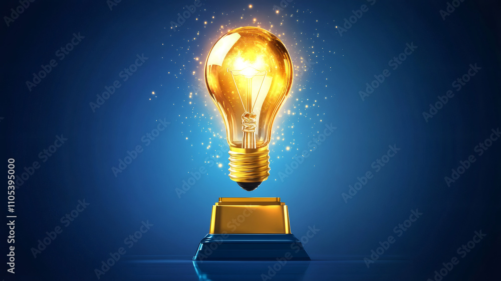 Poster Light bulb floating above a pedestal on a blue backdrop, representing recognition for innovation and creativity