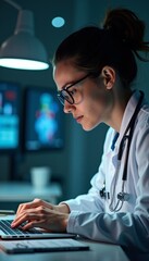 Fototapeta premium Dedicated Healthcare Professional Analyzing Patient Data on Laptop