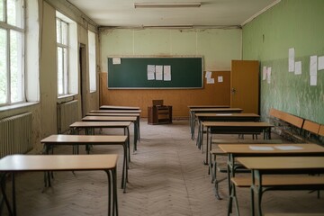 Classroom with empty desks and green walls in an abandoned school setting