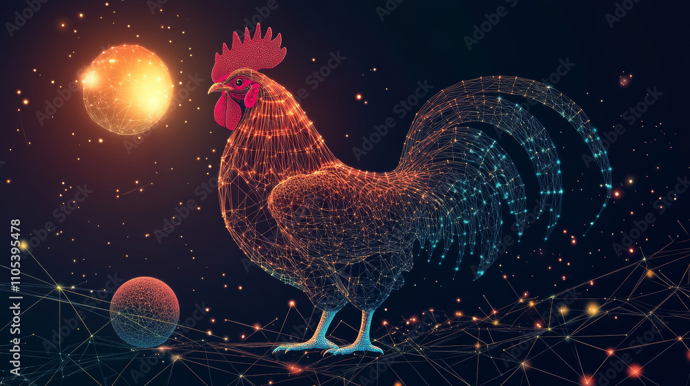 Poster abstract image of a new year rooster in the form of a starry sky or space, consisting of points, lin