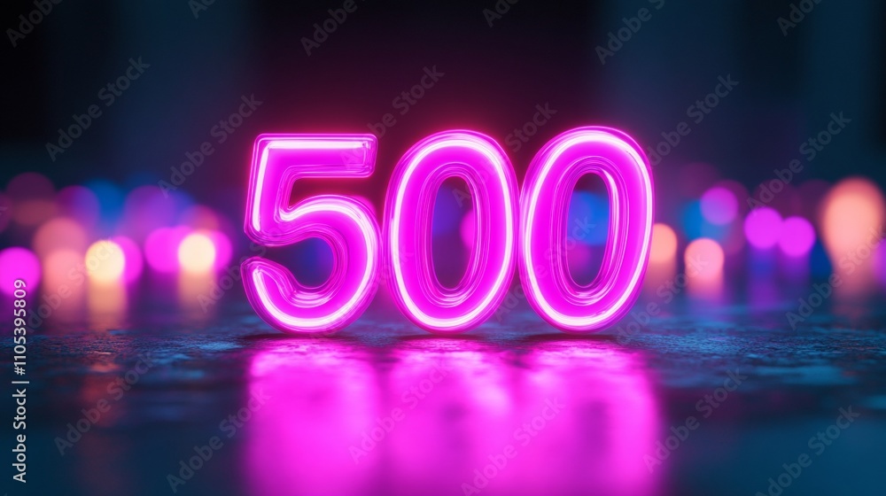 Poster glowing neon number 500 on a dark background with bokeh effect reflecting on surface,