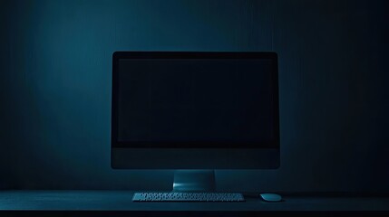 A dimly lit desktop computer sits on a desk in a dark room. The screen is dark, and the keyboard and mouse are visible.  The overall mood is mysterious and serene.