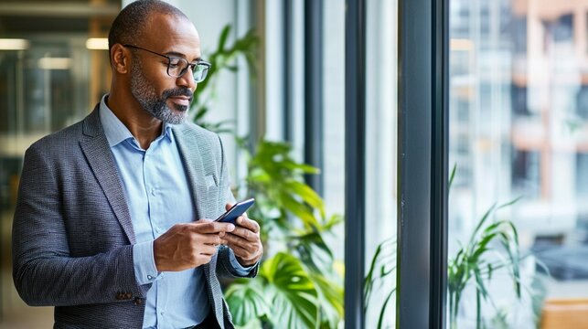 Mature businessman in gray suit checks smartphone by office window, surrounded by green plants, embodying modern professional lifestyle. - Powered by Adobe