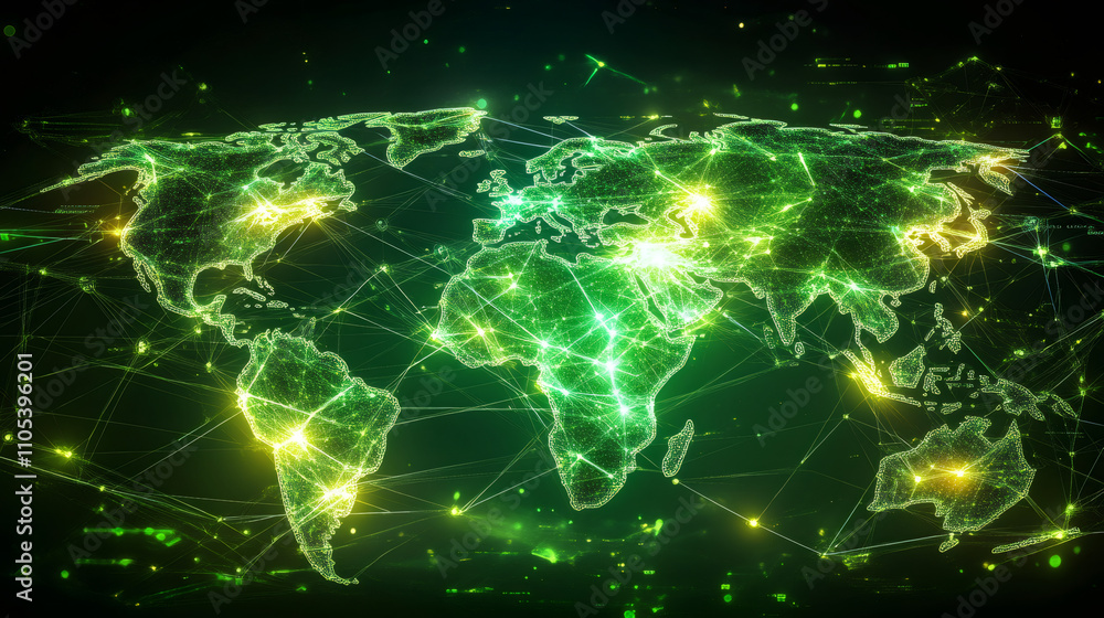 Poster Futuristic world map created with green glowing lines and nodes visualizes global connectivity, data flow, and international communication