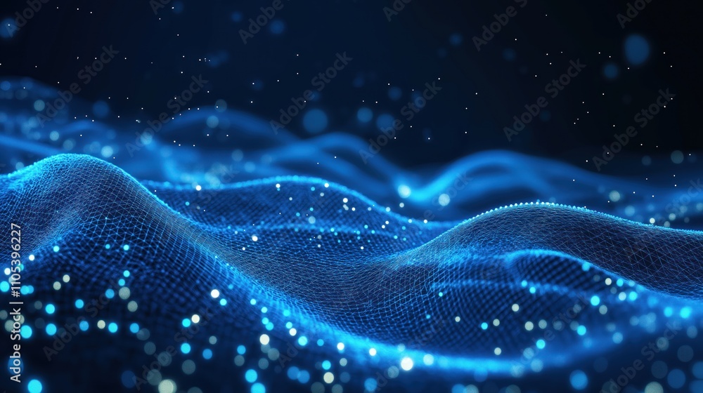 Poster futuristic tech background shows abstract particle mesh. dynamic blue wave patterns create high tech