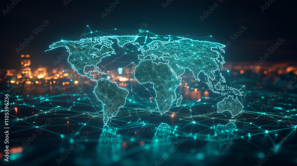 Aufkleber Futuristic world map showing global network connections and data exchange over a blurred city lights background at night