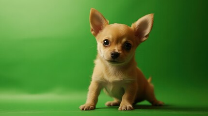 A tiny puppy posing for a portrait, set on a sleek green screen for engaging content