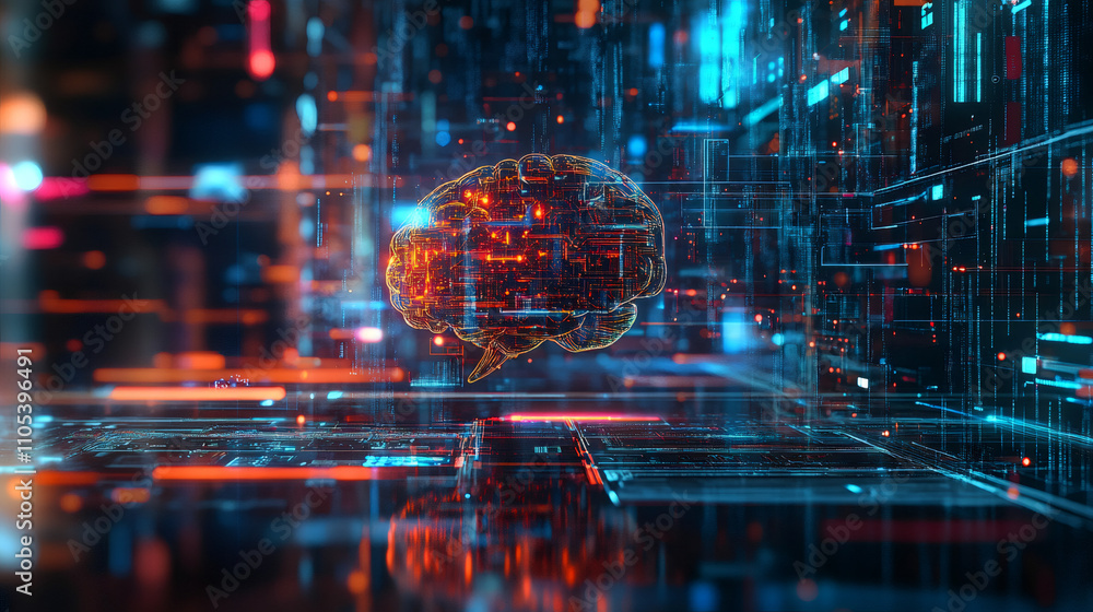 Poster futuristic glowing digital brain representing artificial intelligence processing data inside a compl