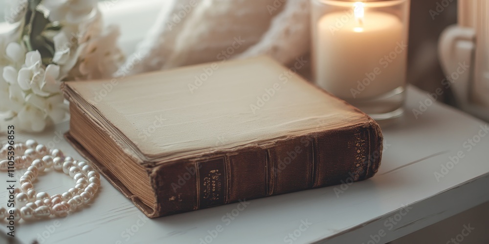 Poster a rustic style book rests on a white table, accompanied by a candle and a pearl necklace, creating a
