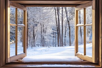Wooden Window Reveals A Snowy Winter Forest Scene