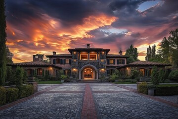 Fototapeta premium Beautiful landscape photograph luxurious mansion sunset two-story building The driveway of