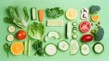 A variety of fresh vegetables arranged beautifully, with a vibrant green background symbolizing natural nutrition