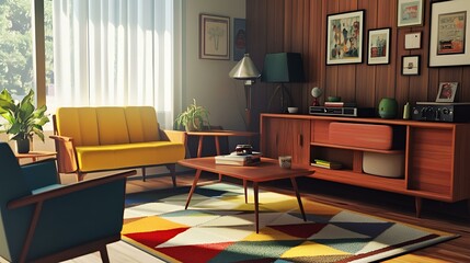 Cozy living space blending mid-century and Scandinavian design, featuring bold color-blocked seating, geometric rug, and retro accents