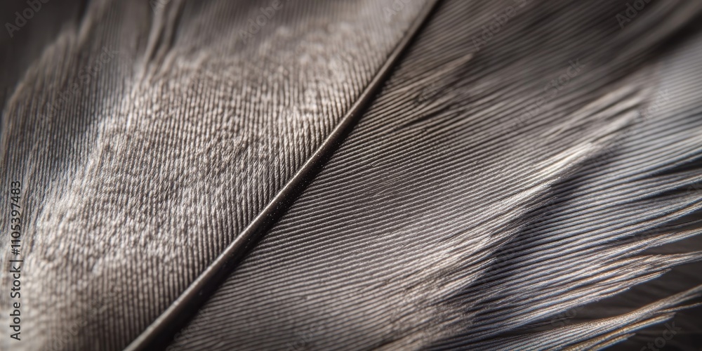 Poster macro photo of a gray feather from a pigeon, showcasing the intricate texture and details of the gra