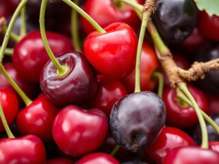 Close up of fresh cherries with green stems, close up, dessert