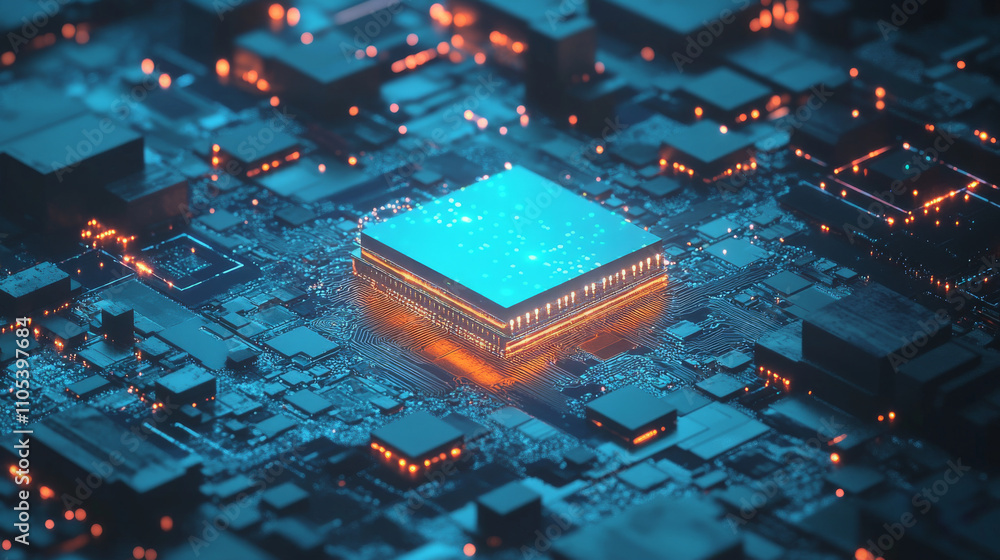 Poster ai semiconductor or chip with thin line circuit on technology background. blue green tech bg. digita