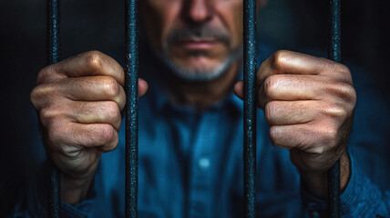 Prisoner gripping bars correctional facility portrait shadowy atmosphere close-up perspective ai-generated emotions of confinement