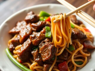 Close-up of stir-fried Chinese beef lo mein noodles being eaten with chopsticks, food, Asian cuisine
