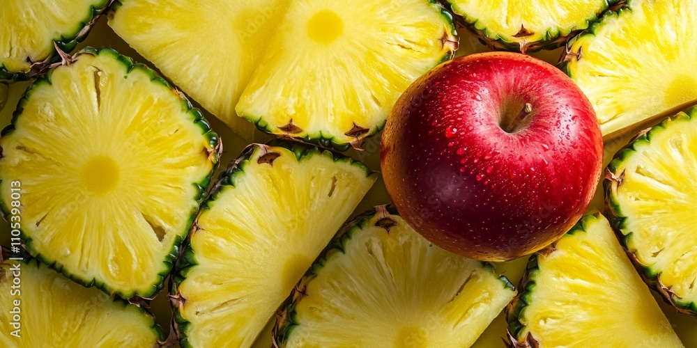 Poster a close up view showcasing yellow and green pineapple slices, beautifully arranged, with a vibrant r