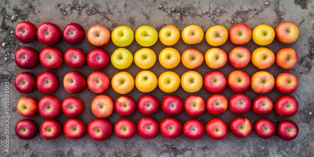 Poster a collection of thirty five red and yellow apples arranged neatly in five lines and seven columns on