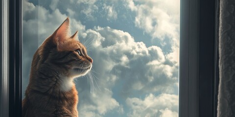 Domestic cat gazes out the window, curiously observing the clouds. This domestic cat captivates with its attention fixed on the clouds drifting by outside.