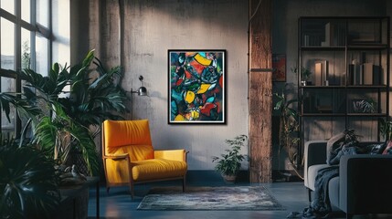 Abstract art print in a modern, industrial-style living room, featuring a mustard yellow armchair and lush green plants.