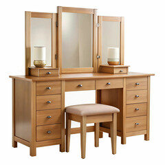 A modern bedroom setup featuring wooden furniture, including a sleek vanity