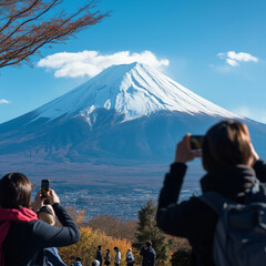 Naklejka premium 秋の山中湖から見た冠雪の冠雪した富士山