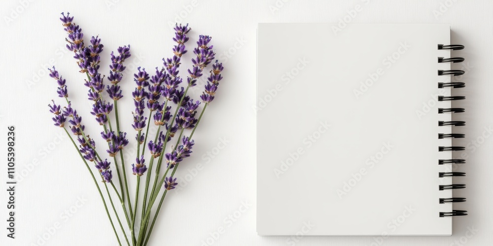 Aufkleber open spiral notebook featuring blank sheets positioned near a sprig of lavender, all set against a w