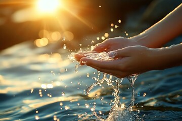 Pair hands reaching out to touch water are a girl's hand gets