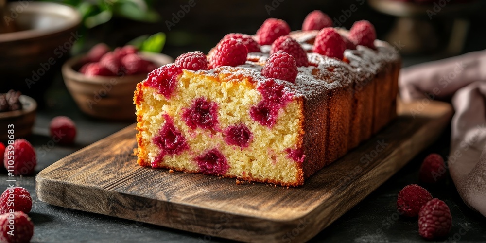 Poster Raspberry pound cake displayed on a cutting board, showcasing the rich texture and vibrant color of the raspberry pound cake, perfect for dessert lovers and confectionery enthusiasts.
