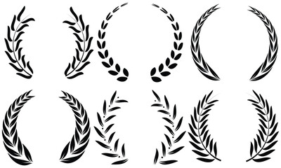 Set of circular laurel wreath. Emblem floral Greek branch of oak leaves, eucalyptus leaf, Wheat, winner award, champion medal, swirls, twigs and flower ornaments vector.
