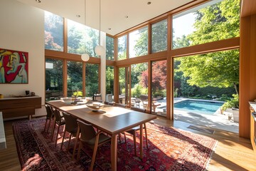 Fototapeta premium Elegant open-plan dining and kitchen with garden and pool views