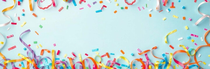 Colorful party streamers and confetti arranged in a frame on a clear background, creating a festive and vibrant party decoration from a top-down perspective, streamer, frame