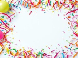 Colorful party streamer and confetti creating a festive frame on isolated background, flat lay with copy space, streamer, copy space