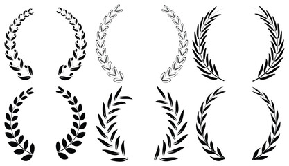Obraz premium Set of circular laurel wreath. Emblem floral Greek branch of oak leaves, eucalyptus leaf, Wheat, winner award, champion medal, swirls, twigs and flower ornaments vector.