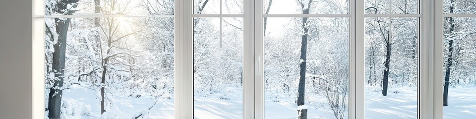 Panoramic winter view from a window, snow-covered trees