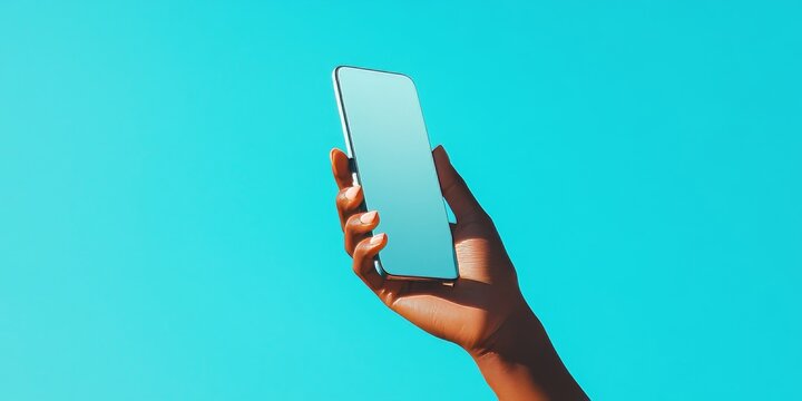 Hand holding a phone against a vibrant blue background, showcasing the phone in an engaging manner, highlighting its design and features prominently for visual appeal.