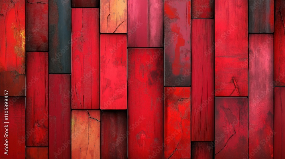 Poster red painted wooden panels form textured patchwork design. panels rectangular, arranged in overlappin